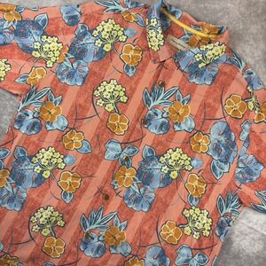 Tommy‎ Bahama Silk Shirt Mens 2XL Red Flowers Hawaiian Vacation All Over Print